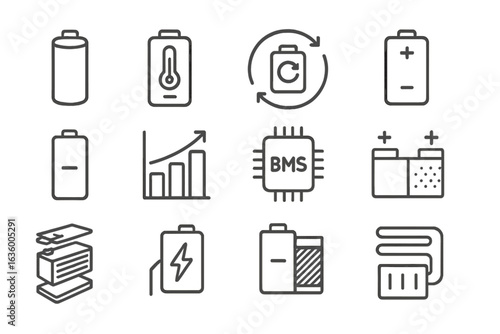 EV Battery Icons. Line style icons of EV battery technology: lithium-ion cell, battery temperature icon, battery cycle count,