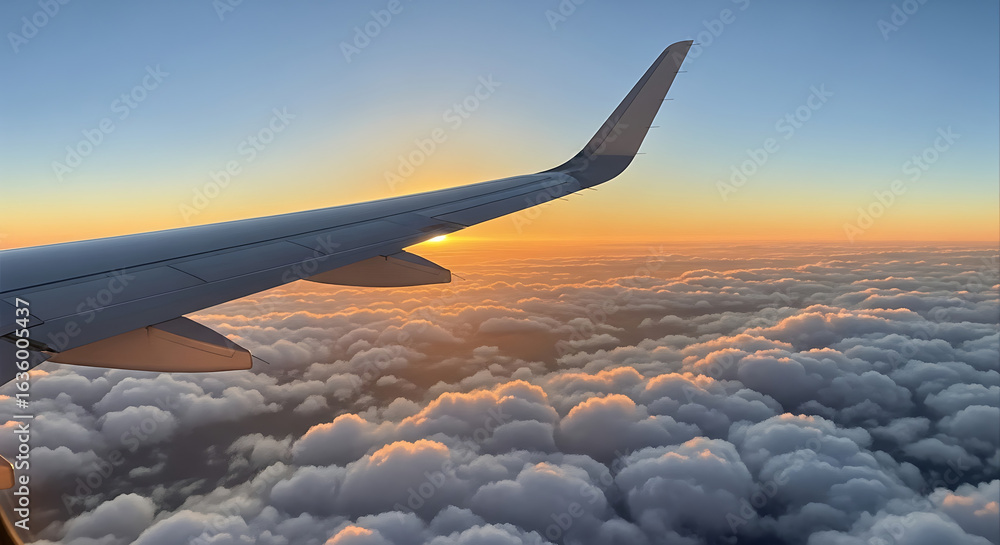 Obraz premium Airplane Wing and Sunset Cloudscape Above.
