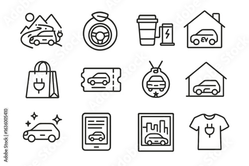 EV Lifestyle Icons. Line style icons of EV lifestyle: EV road trip icon, eco-driving badge, charge and coffee icon, green garage
