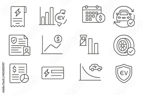 EV Cost Icons. Line style icons of EV ownership costs: electricity bill icon, maintenance comparison chart, tax incentive tracker,