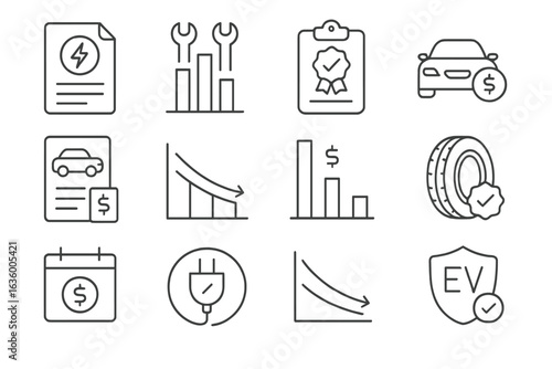 EV Cost Icons. Line style icons of EV ownership costs: electricity bill icon, maintenance comparison chart, tax incentive tracker,