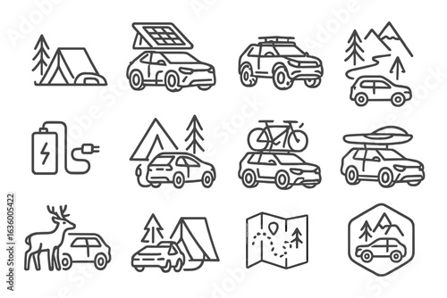 EV Outdoor Adventure Icons. Line style icons of EV for outdoor adventures: camping with EV icon, solar roof tent, off-road EV
