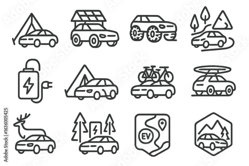 EV Outdoor Adventure Icons. Line style icons of EV for outdoor adventures: camping with EV icon, solar roof tent, off-road EV