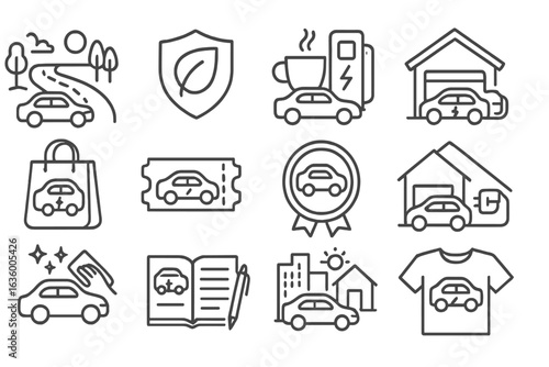 EV Lifestyle Icons. Line style icons of EV lifestyle: EV road trip icon, eco-driving badge, charge and coffee icon, green garage