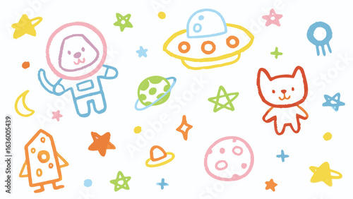 Illustration of space themed doodles with a dog astronaut, cat, ufo and planets scattered around