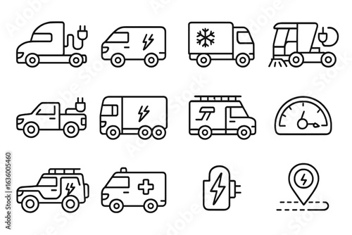 Electric Truck Icons. Line style icons of electric trucks and utility vehicles: electric semi-truck icon, last-mile delivery EV,