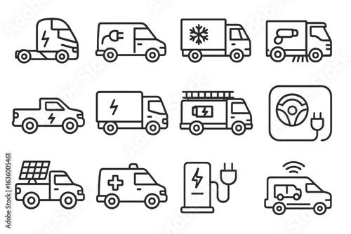 Electric Truck Icons. Line style icons of electric trucks and utility vehicles: electric semi-truck icon, last-mile delivery EV,
