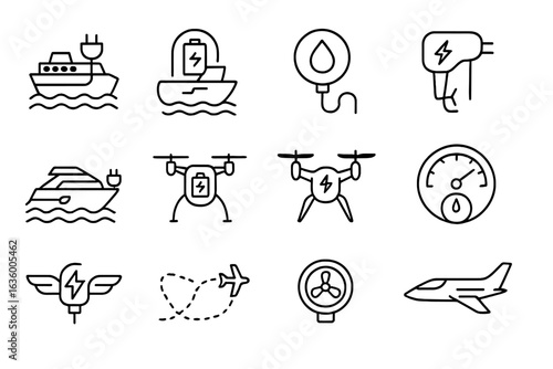 Electric Transport Icons. Line style icons of electric watercraft and aircraft: electric ferry icon, e-boat battery icon, water