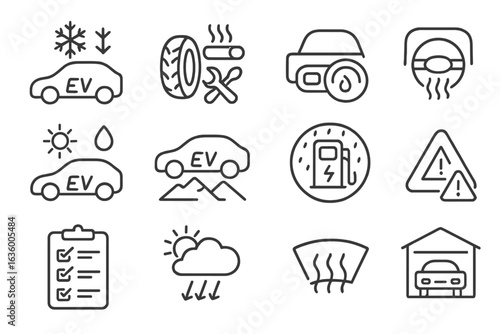 Seasonal EV Line Icons. Line style icons of seasonal driving with EV: cold weather range icon, tire change icon, battery preheat