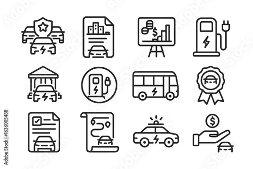 EV Public Sector Icons. Line style icons of EV for public sector and government: EV fleet government badge, city EV policy sheet,