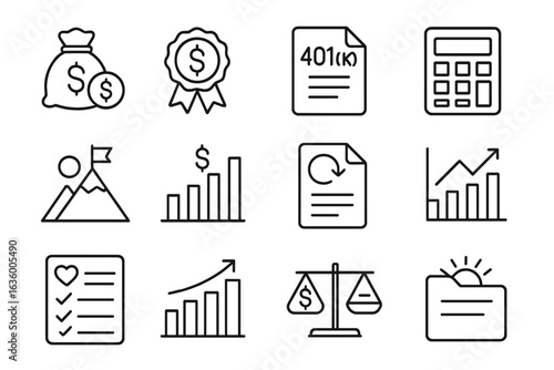 Retirement Icons Collection. Line style icons of retirement planning: retirement fund icon, pension account badge, 401(k) file