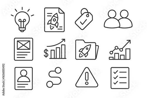 Startup Essentials Icons. Line style icons of startup essentials: business idea bulb, startup blueprint sheet, market validation