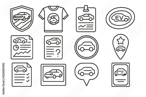 EV Fan Icon Set. Line style icons of EV hobby and fan culture: custom wrap badge, EV club t-shirt icon, car meet pass, EV decal