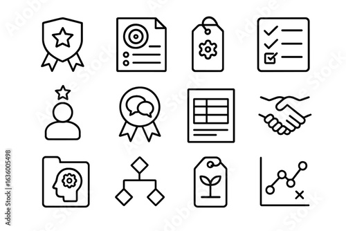 Skills Icons Collection. Line style icons of skills and competencies: skill badge icon, core competency sheet, technical skills