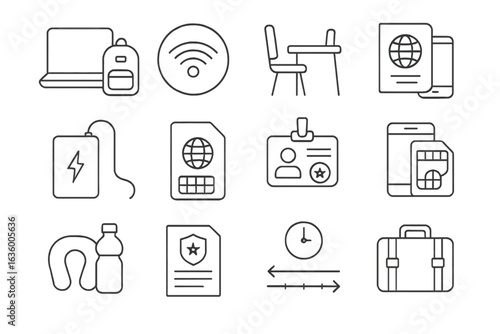 Nomad Essentials Icons. Line style icons of digital nomad essentials: laptop and backpack icon, Wi-Fi hotspot badge, flexible