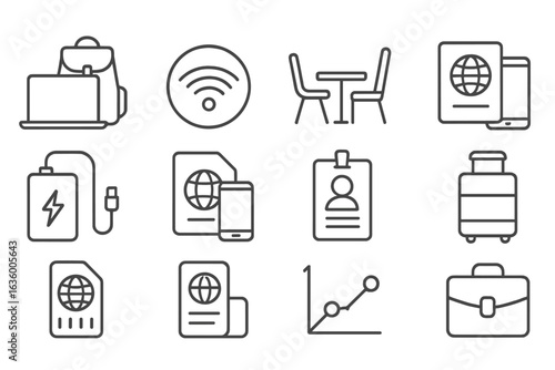 Nomad Essentials Icons. Line style icons of digital nomad essentials: laptop and backpack icon, Wi-Fi hotspot badge, flexible