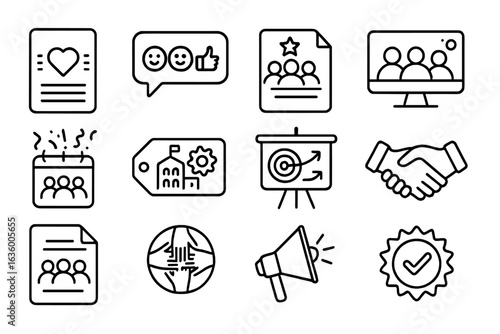 Remote Team Culture Icons. Line style icons of remote team culture: shared values card, emojis in chat, team kudos file, virtual