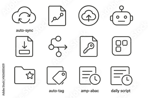 Cloud Tools Icons. Line style icons of cloud tools and automation: auto-sync icon, file version control, cloud storage badge,
