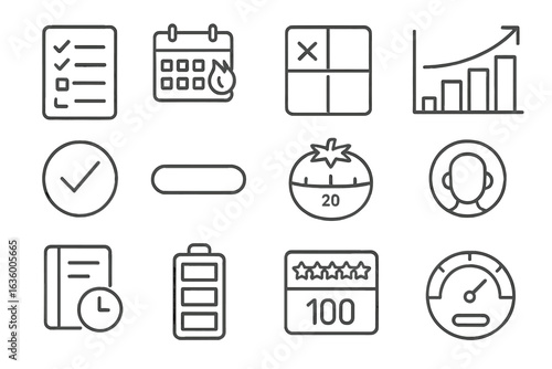 Productivity Tools Icons. Line style icons of productivity trackers: daily task checklist, habit streak calendar, priority matrix,