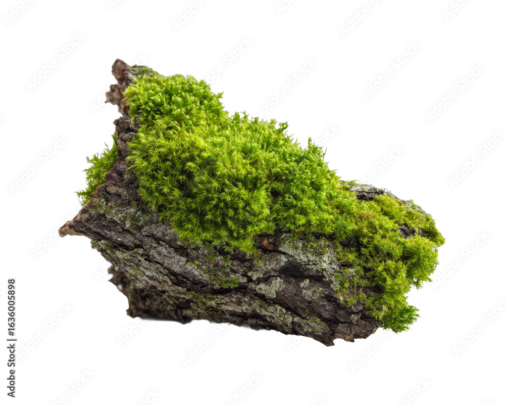 Exploring nature's beauty vibrant green moss on bark isolated on transparent background, png Exploring nature's beauty vibrant green moss on bark isolated on transparent background, png
