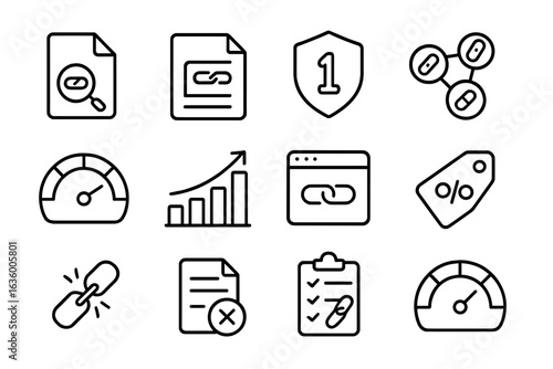 SEO Icon Set. Line style icons of backlink analysis: backlink checker file, anchor text report, domain authority badge, referring