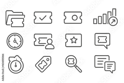 Support Ticket Icons. Line style icons of support ticket system: open ticket file, closed ticket icon, pending ticket badge,