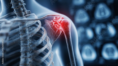 Detailed 3D rendering of shoulder joint highlighting rotator cuff tear and MRI slices