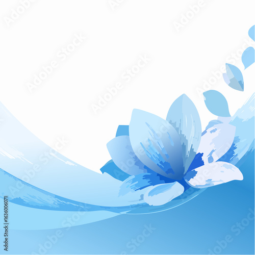 Flower petals. Blue wind background. Fragrance wave. Light air fly effect. Blossom swirl flow. Floral perfume 3d banner.