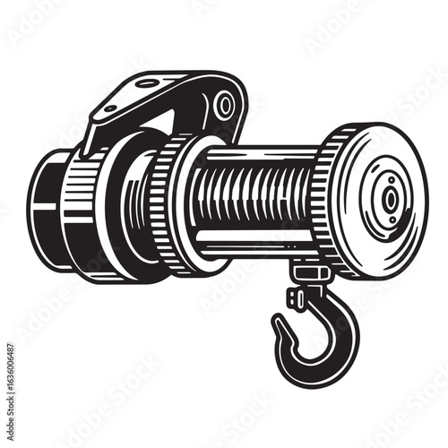 Illustrated black and white image of a mechanical winch isolated on a white background