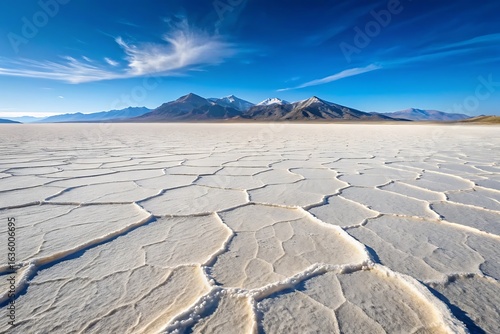 Vast expanse of cracked salt flats under a bright blue sky with distant mountains