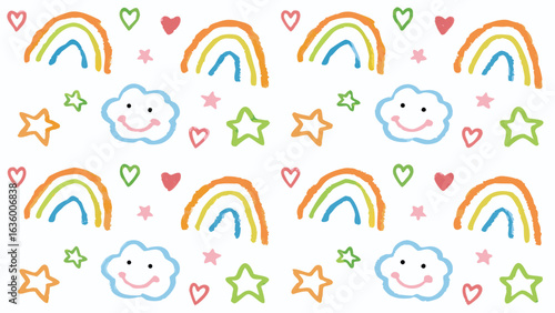 Seamless pattern with rainbows clouds stars and hearts in pastel colors on a white background