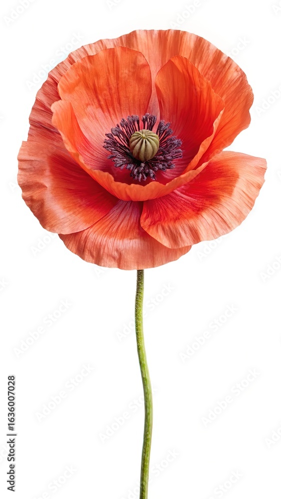 Obraz premium Isolated red poppy flower with a green stem on a white background