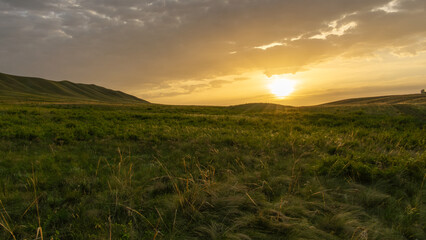 Fotobehang Cappuccinokleur Expansive green landscape under a dramatic sky, with rolling hills illuminated by a warm sunset, creating a serene and tranquil atmosphere in nature's beauty  © Denis Tuev