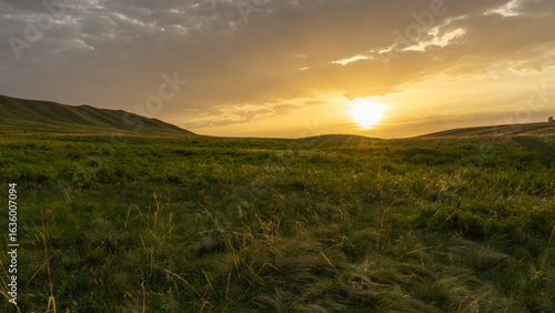 Fototapeta Naklejka Na Ścianę i Meble -  Expansive green landscape under a dramatic sky, with rolling hills illuminated by a warm sunset, creating a serene and tranquil atmosphere in nature's beauty