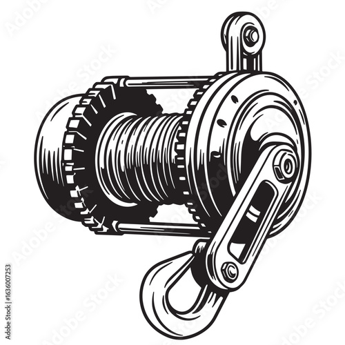 Illustrated monochrome image of a heavy duty winch designed for industrial lifting purposes