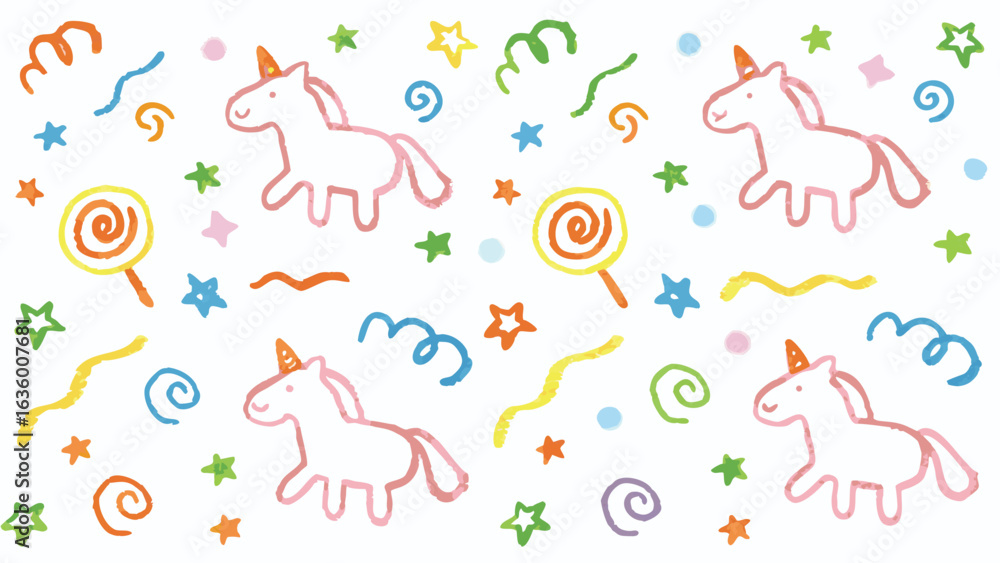 Fototapeta premium Illustration of unicorns, stars, lollipops, and confetti scattered on a white background pattern design