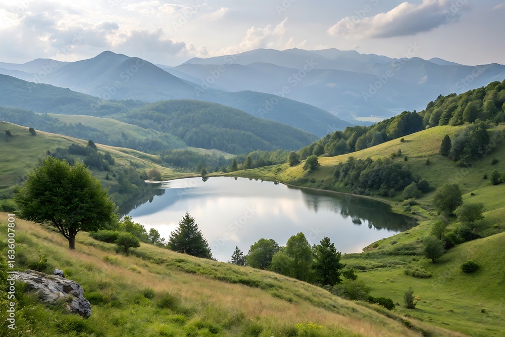 Fototapeta premium Serene mountain lake nestled in rolling green hills under a cloudy sky