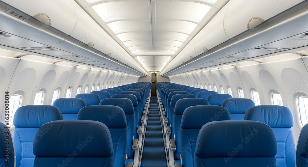 Fototapeta premium Empty Airplane Cabin with Blue Seats and Overhead Compartments.