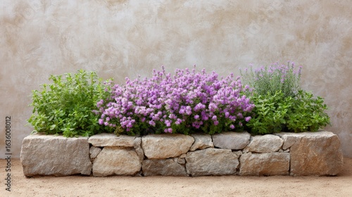 Vibrant flower bed with blooming purple flowers and lush green herbs arranged in a rustic stone planter against a textured wall backdrop