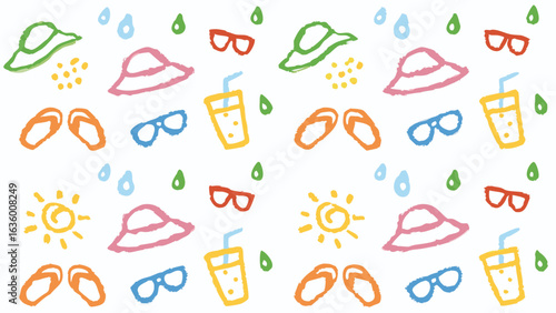 Colorful summer themed pattern featuring sun hats sunglasses flip flops juice and rain drops on a white background