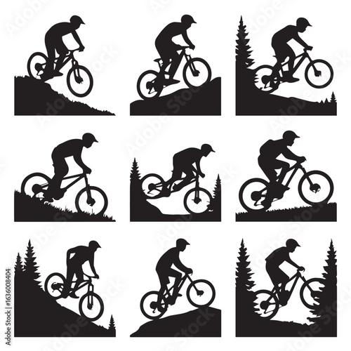 Mountain Biker Silhouette Logo Set – Outdoor Sport Action Vector Graphics