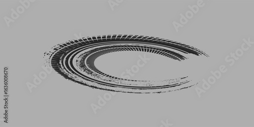 Black tire marks on road, Black rubber tire marks and tread marks, Tire trace track wheels texture and background, Auto tire tread grunge, Car wheel tyre tread track black tyre print, Top view.