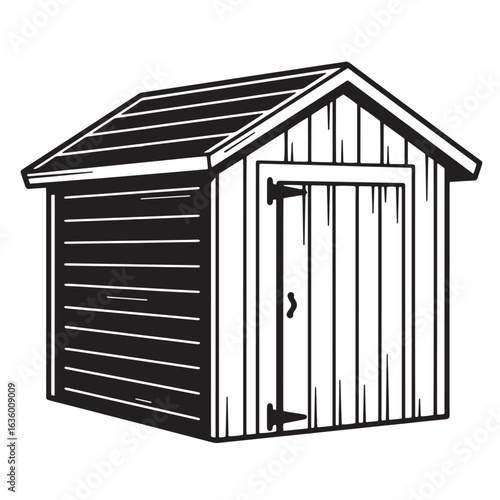 Simple black and white illustration of a wooden garden shed storage building.