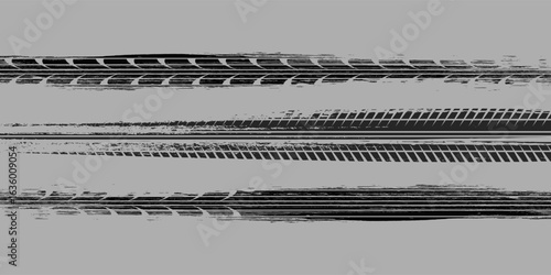 Black tire marks on road, Black rubber tire marks and tread marks, Tire trace track wheels texture and background, Auto tire tread grunge, Car wheel tyre tread track black tyre print, Top view.