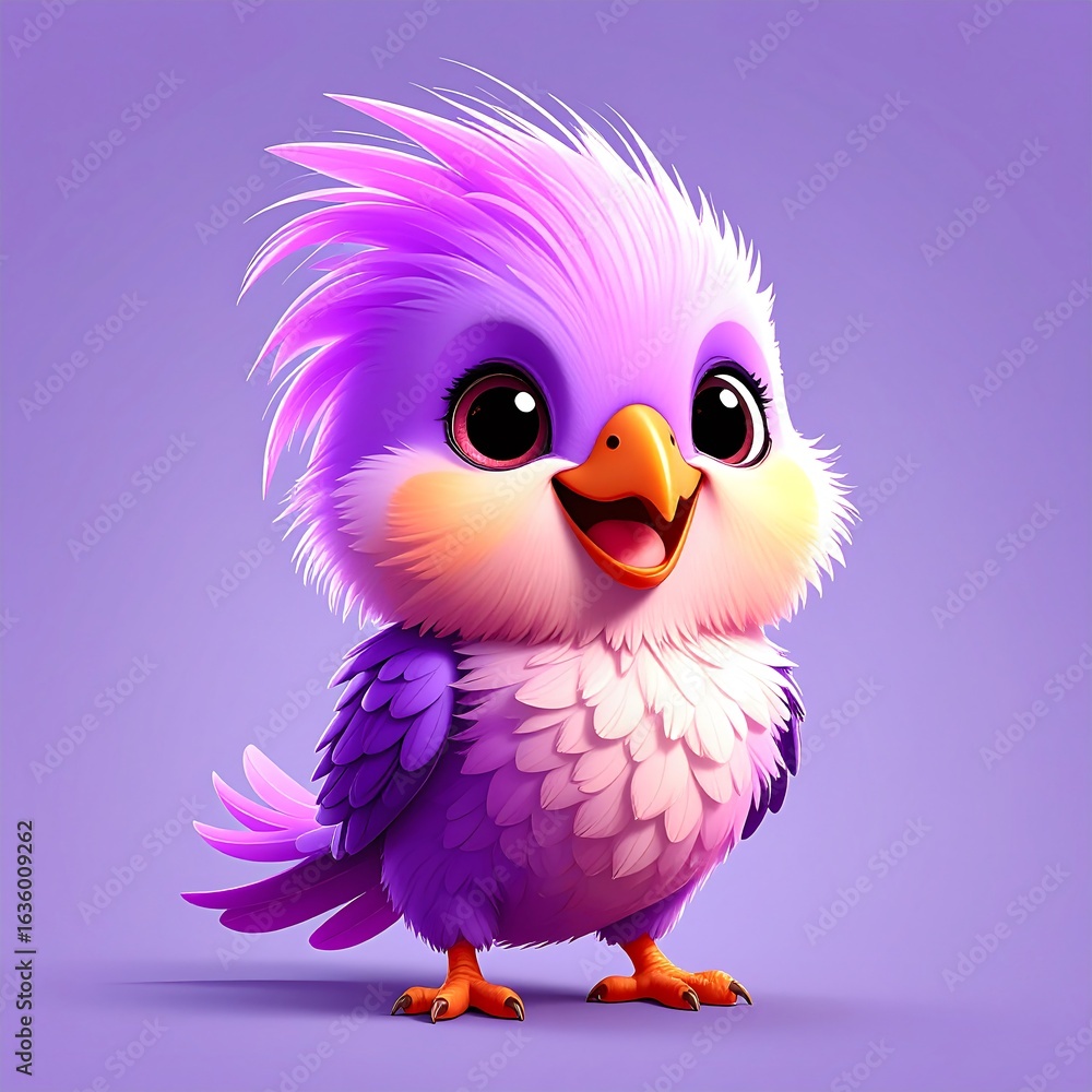 Fototapeta premium Adorable tiny purple cockatiel bird with pink and magenta feathers smiling against a simple background
