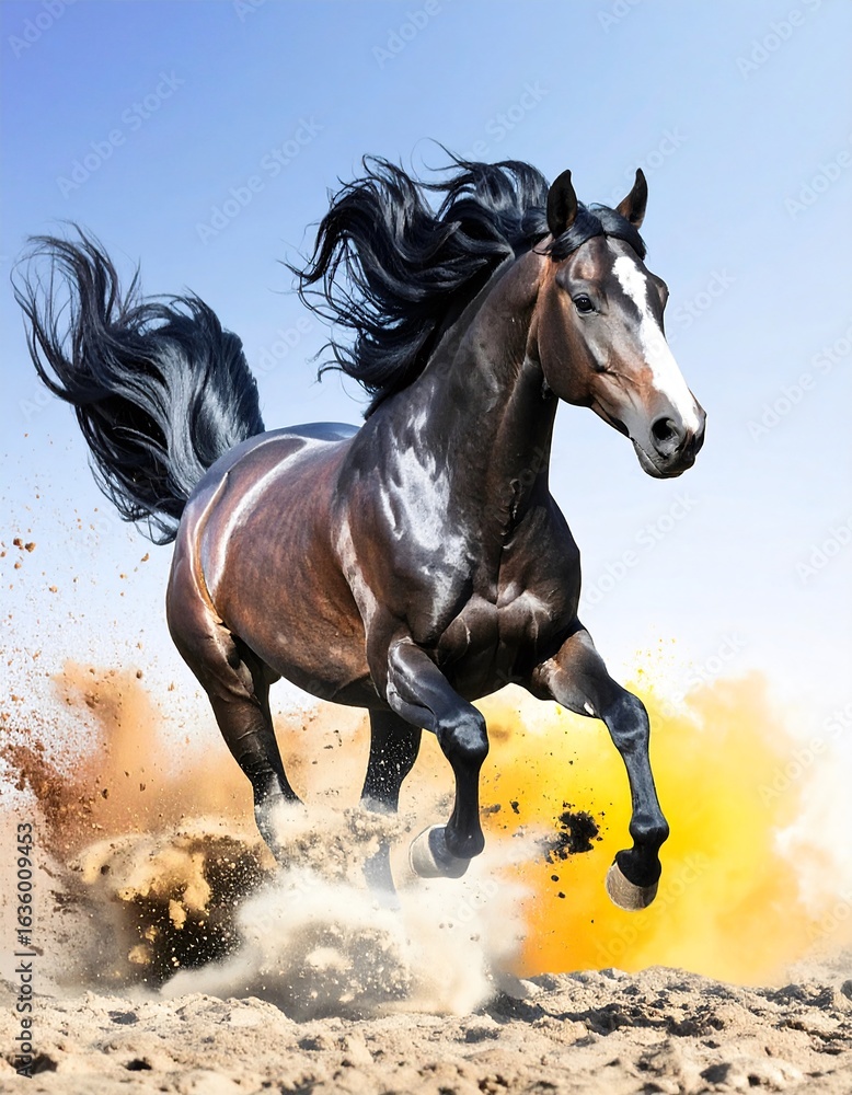 Fototapeta premium Majestic american saddlebred horse trotting gracefully in the sand with tail high and proud