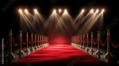A luxurious red carpet leads up steps, flanked by velvet ropes and illuminated by bright spotlights in a dramatic, glamorous setting