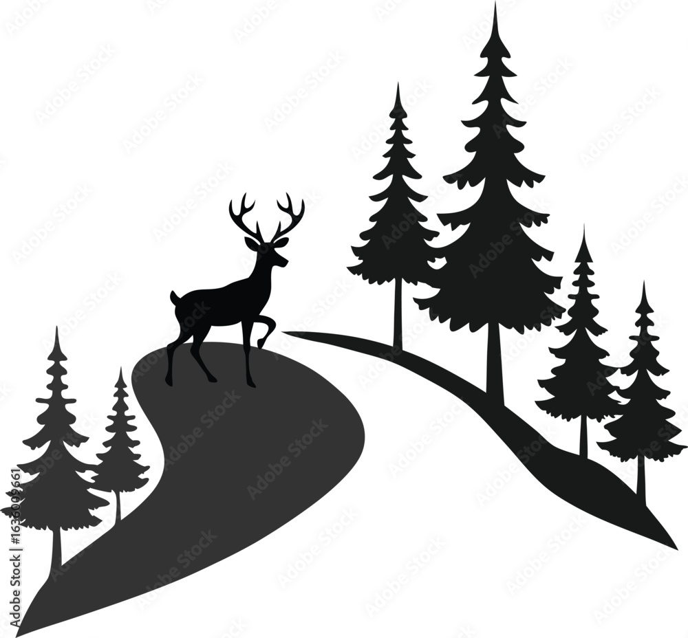 Naklejka premium Deer standing on a hill with pine trees and a winding path silhouette isolated on white background