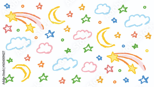 Illustration of a night sky with moons clouds and stars in a colorful and whimsical style design theme