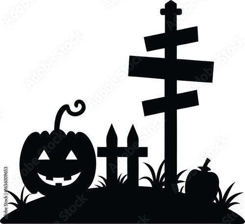 Halloween pumpkin and signpost silhouette isolated on white background